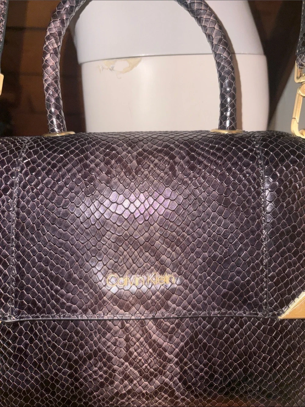 Calvin Klein Snakeskin Fern Top Handle Leather Satchel Crossbody Gold Hardware